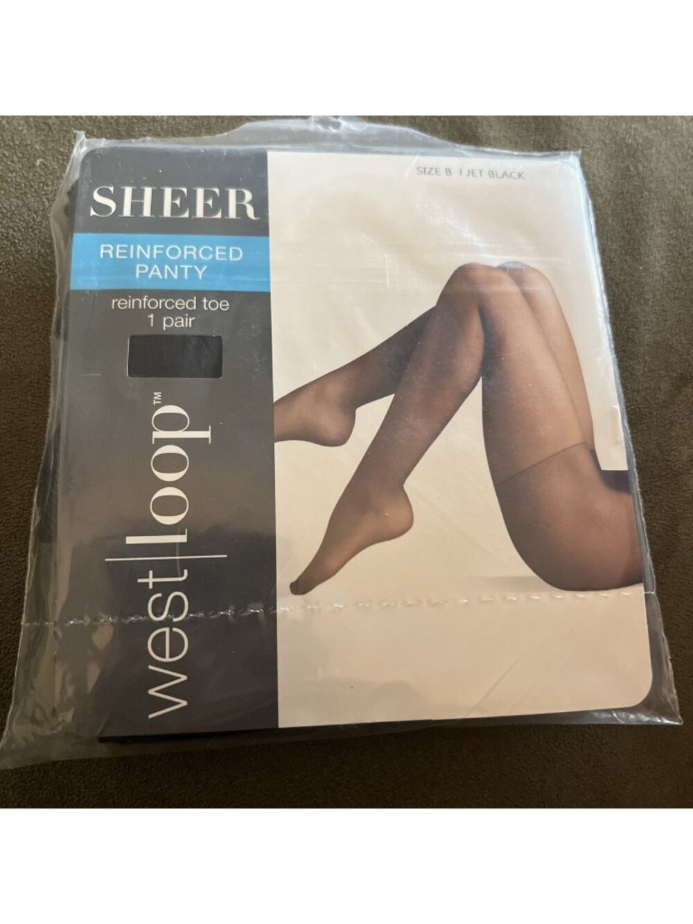 West Loop Sheer Reinforced Panty and Toe Nylon Pantyhose  Size B - Jet Black